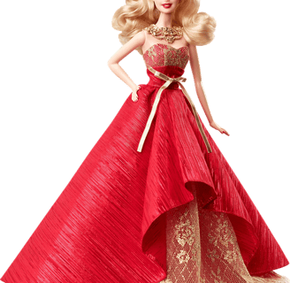 Blonde Barbie doll wearing a glamorous red formal gown with a high-low skirt design, gold lace unde