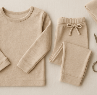 Handmade beige cotton shirt and pants with sewing scissors on a soft background.