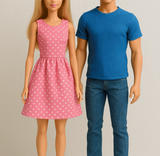Barbie and Ken dolls pose side by side in handmade outfits—Barbie wears a pink polka dot dress and p