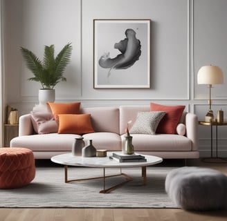 A stylish shop window displays plush furniture and accessories. A comfortable brown leather couch is adorned with fluffy white throws, creating a cozy atmosphere. On a wooden table nearby are soft, blue-hued slippers and a furry blanket. The background includes shelves showcasing a variety of items, illuminated softly by overhead lights.