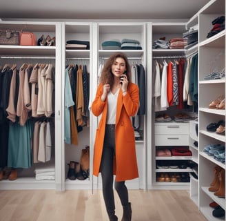 A stylish woman is dressed in a white sequined crop top and red pants, standing in a boutique or clothing store. She has long, wavy hair and is posing confidently beside a clothing rack filled with colorful garments. Nearby, there’s a mannequin wearing a floral dress, and a decorative vase with dried pampas grass adds an elegant touch to the scene.