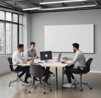 three men sitting while using laptops and watching man beside whiteboard