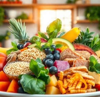 A vibrant and colorful display of various nutritious foods arranged in a balanced plate, featuring f