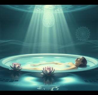 A serene and tranquil sensory deprivation tank submerged in a calming