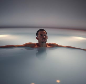 "An athlete in a serene, dimly lit sensory deprivation tank, suspended in warm saltwater, with soft,
