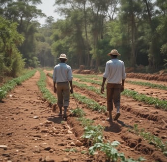 A group of six people are working together on a patch of land, engaging in agricultural activities. They are dressed in various colors with some donning traditional hats. The background consists of dense green foliage and trees, with a marshy area or river behind the workers. The scene suggests a rural setting with natural surroundings.