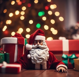 a santa clause sitting on a table with presents