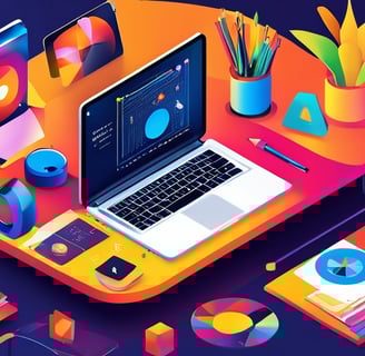 Vibrant workspace with laptop, notebooks, and creative tools, symbolizing the blend of digital and p