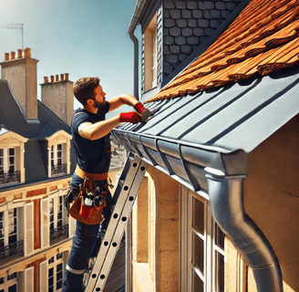 Couvreur installant des gouttières en zinc sur une maison traditionnelle française au Mans