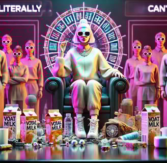 A dystopian, hyper-stylized digital painting of a power-hungry vocal fry queen sitting on a throne m