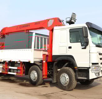 A telescopic boom truck mounted crane, a large truck with a crane on it, lifting heavy objects efficiently.