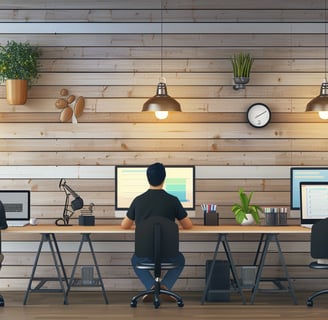 two people sitting at a desk with computers and desks