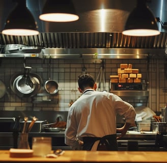 a man in a kitchen with a stove and a potted potted in the