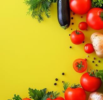 a variety of vegetables and vegetables on a yellow background