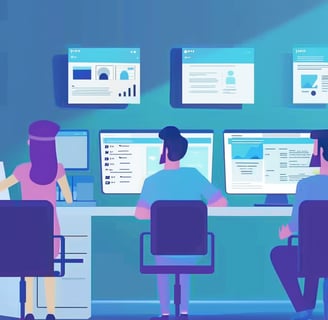 a man and woman working on computers in a room