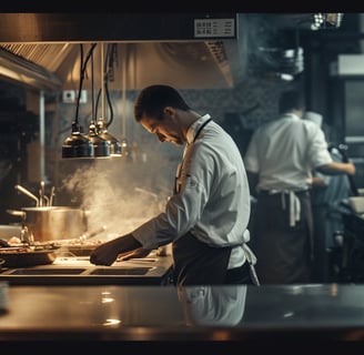 a man in a white shirt and tie dye on a kitchen counter