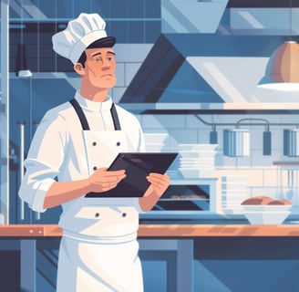 a chef in a white uniform holding a tablet computer