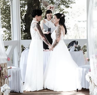 a bride and groomsmid getting married