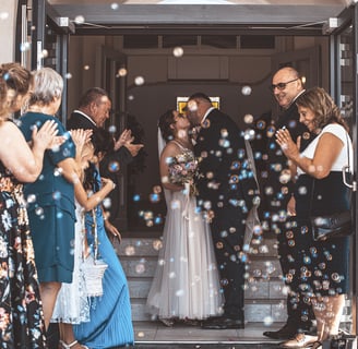 a bride and groomsmid are standing in front of a wedding party