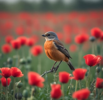 Petit oiseau dans champ de coquelicot