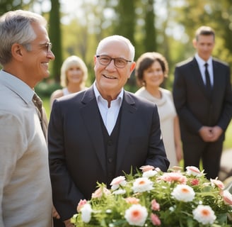 a man in a suit and tie smiling at a funeral