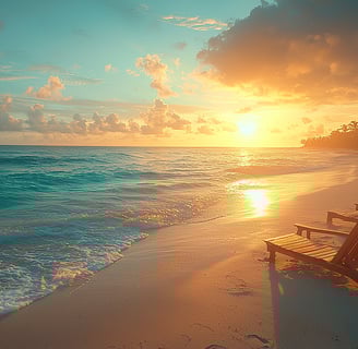 "Plage caribéenne déserte au lever du jour, symbole de calme et de renouveau entre deux saisons touristiques."
