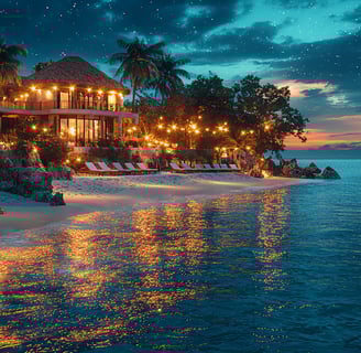 Visuel haut de gamme d’un hôtel boutique caribéen en bord de mer au coucher du soleil, architecture élégante et végétation tr