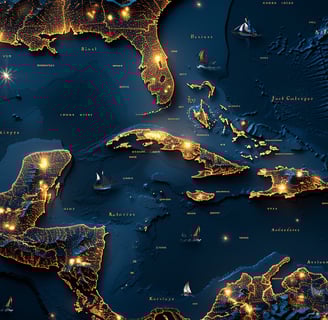 Carte stylisée des Caraïbes avec contours dorés sur fond bleu nuit représentant la zone d’expertise de Bruno Valery