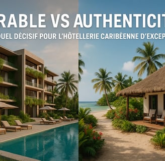 Comparaison visuelle d’un hôtel durable à gauche et d’un hôtel authentique à droite, illustrant le duel entre durabilité et a