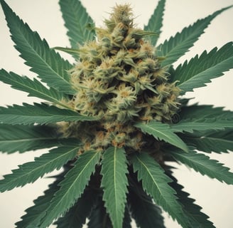 A cannabis bud lying on a white circular lid with text around the edge, placed on a wooden surface.