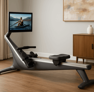 The Hydrow Core Rower sitting in a clean living room with the screeneluminated