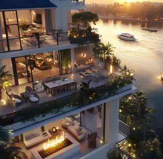 Luxury balcony overlooking the New Nile in Jirian City – modern design, elegant outdoor seating, and