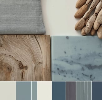 Eine elegante Auswahl an verschiedenen Materialien und Farben in Beige und Blautönen .