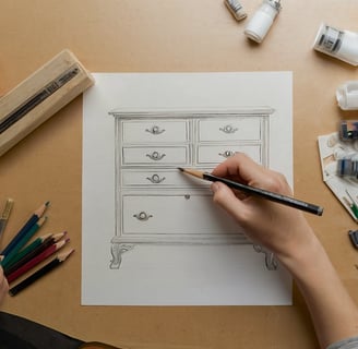 Eine Hand zeichnet eine Kommode mit einem Bleistift auf ein Blatt Papier