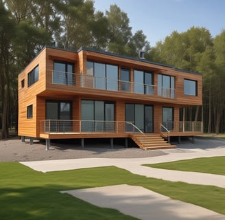 A modern architectural structure featuring minimalistic concrete walls and linear geometric forms. The design incorporates clean lines and open spaces, with a blend of greenery including a narrow grass strip along the edge of the walkway. One structure has a grid-like facade while another incorporates extensive windows. The surrounding scenery includes a mountain partially obscured by the buildings.