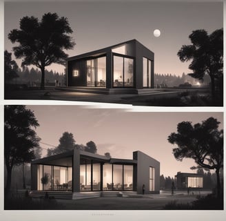 A modern, multi-level building with a geometric design features illuminated wooden panels and large recessed areas holding greenery. The lights cast strong shadows, creating an intriguing play of light and dark against the night sky. Trees in planters are placed around the structure, adding a natural element to the urban setting.