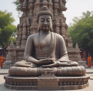 a statue of a buddha statue in front of a tall building