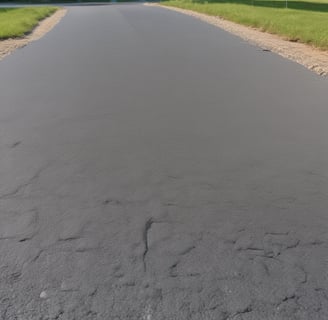 Cracked asphalt pavement with visible underlying stones and gravel. A small patch of green vegetation emerges through the cracks. The surface has a rough, uneven texture with varying shades of gray.