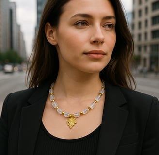 a woman in a black jacket and a necklace with a triangle shaped necklace