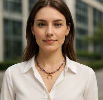 a woman in a white shirt and a necklace with a gold necklace