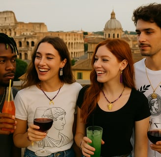 a group of people standing around a table with drinks