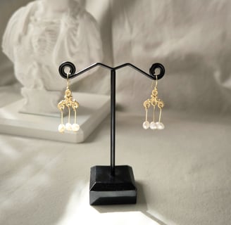 a pair of earrings with pearls and pearls