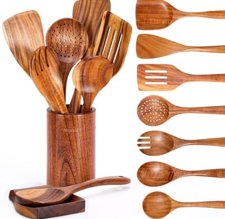 Wooden Kitchen Utensil Set with Spoon Rest