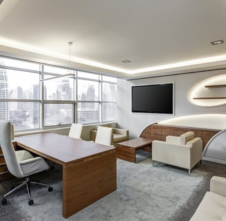 Modern living room with smart lighting and automation devices