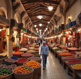 a man walking down a street in a market