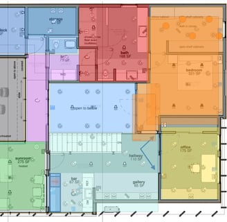 A floorplan, showing which areas of the house would be wired for which trees