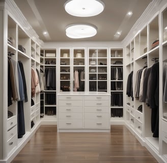 A modern interior with a sleek, glossy cabinet and a display of colorful samples on the wall. The setting is well-lit with natural light coming through a large window, and the decor is minimalistic and polished.