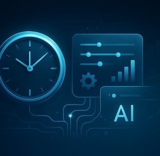 Digital clock and analytics icons connected to “AI,” representing AI-powered business automation and performance tracking.