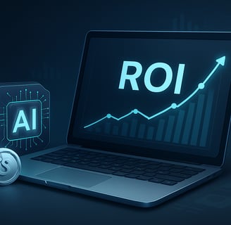 Laptop screen displaying “ROI” with upward graph, surrounded by AI technology elements, representing AI-driven return on inve