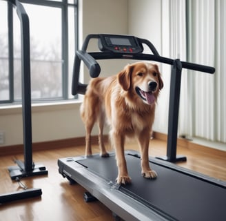 A large dog with gray and white fur stands on a grooming table in a pet salon. The dog is secured with a blue harness, and its fur looks well-groomed and fluffy. In the background, a person is preparing grooming equipment, while various tools and products are visible on counters and shelves.